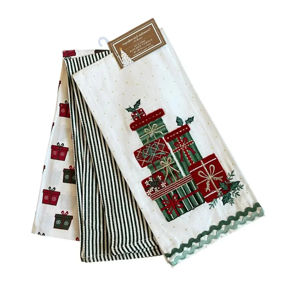 Cupcakes & Cashmere Christmas Present Kitchen Towels Set of 3 Embroidered New